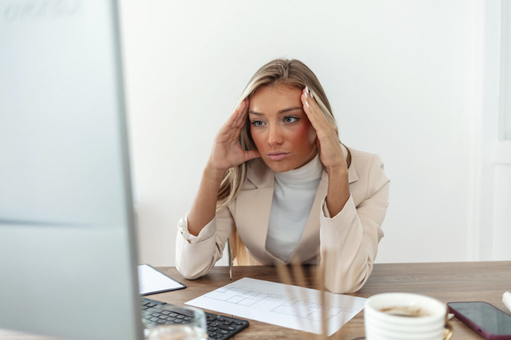 Woman holding her head in pain at her desk, experiencing persistent headaches and cognitive symptoms after a brain injury