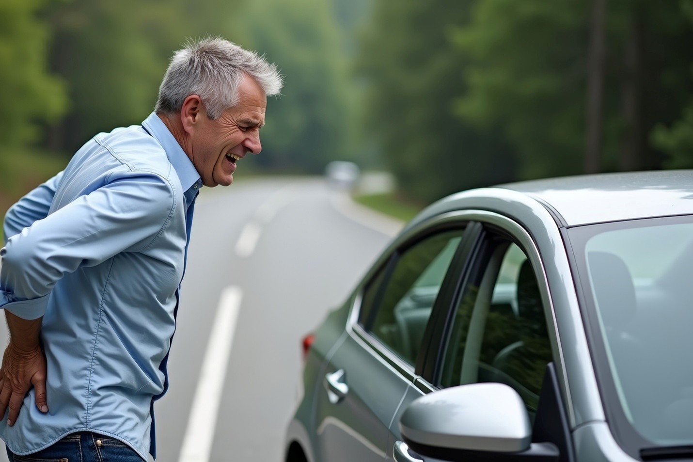 Man standing beside a car on a roadside, holding his lower back in pain.