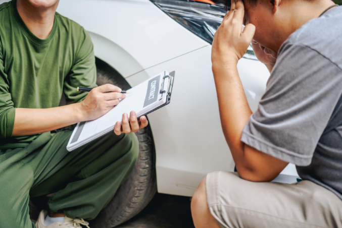A person holding their head in distress while another individual kneels beside them with a clipboard, documenting details in front of a white car, suggesting a post-accident insurance or damage assessment.