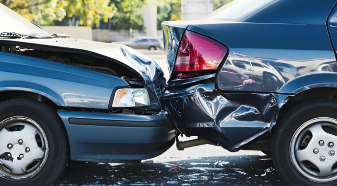 A close-up of a rear-end car collision showing the front of one vehicle crumpled against the back of another, with visible damage to both bumpers and body panels.
