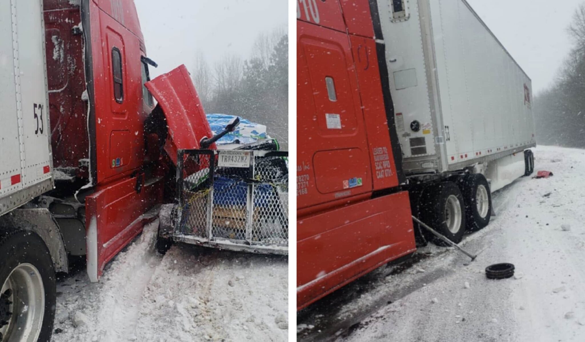 Crash scene of a semi-truck that collided with another semi-truck and a third vehicle pulling a trailer