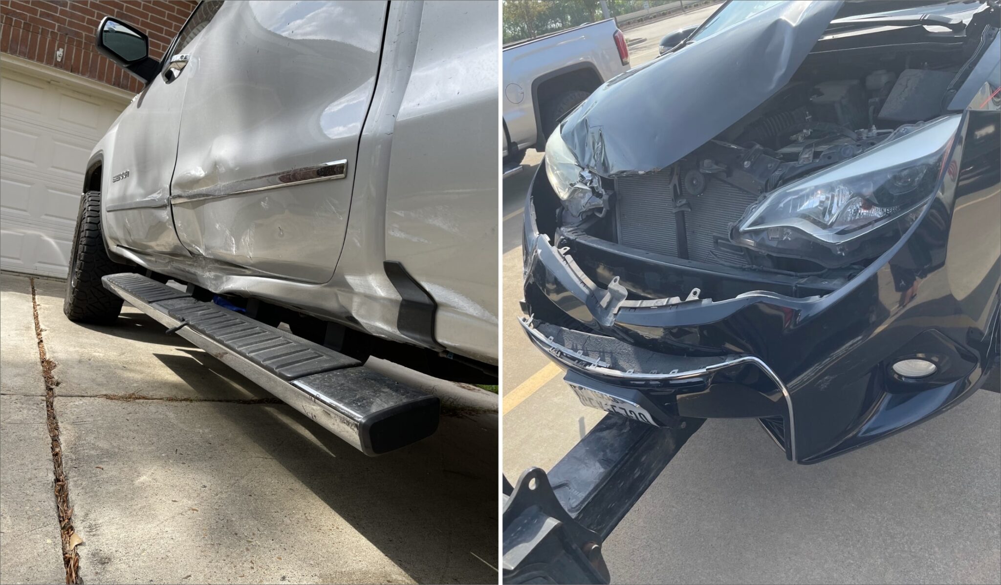 Front and side damage on vehicles from a car crash