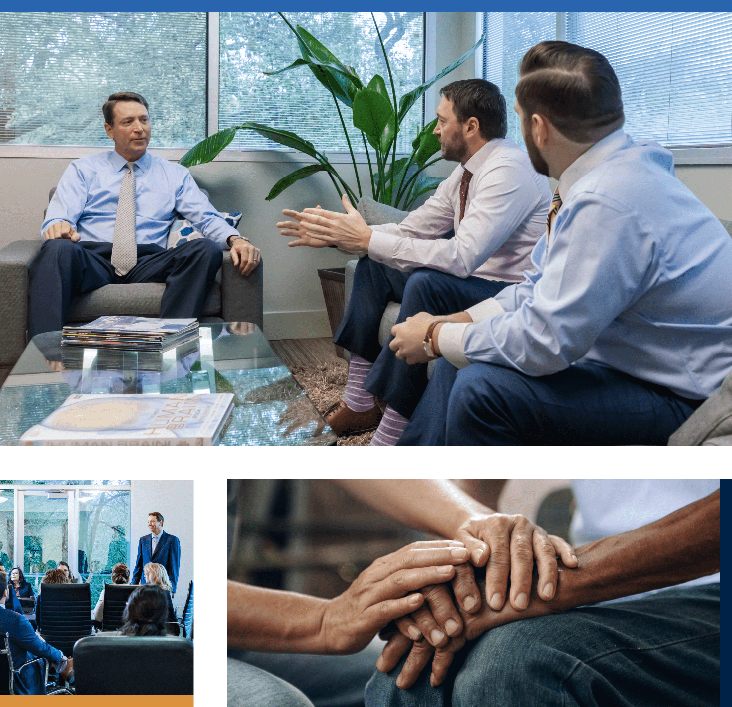 Collage: relaxed office conversation, engaging presentation, hands together in unity.
