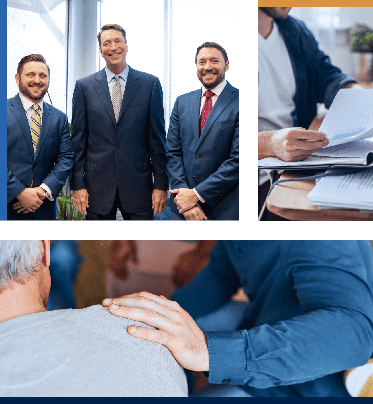 Collage: law firm team standing, office paperwork review, supportive shoulder pat.
