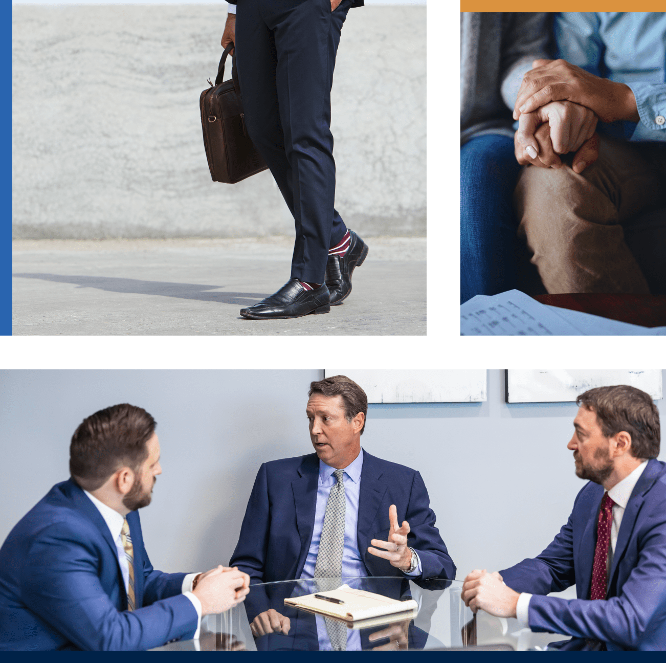 Collage: businessman with briefcase, clasped hands, discussion in progress.