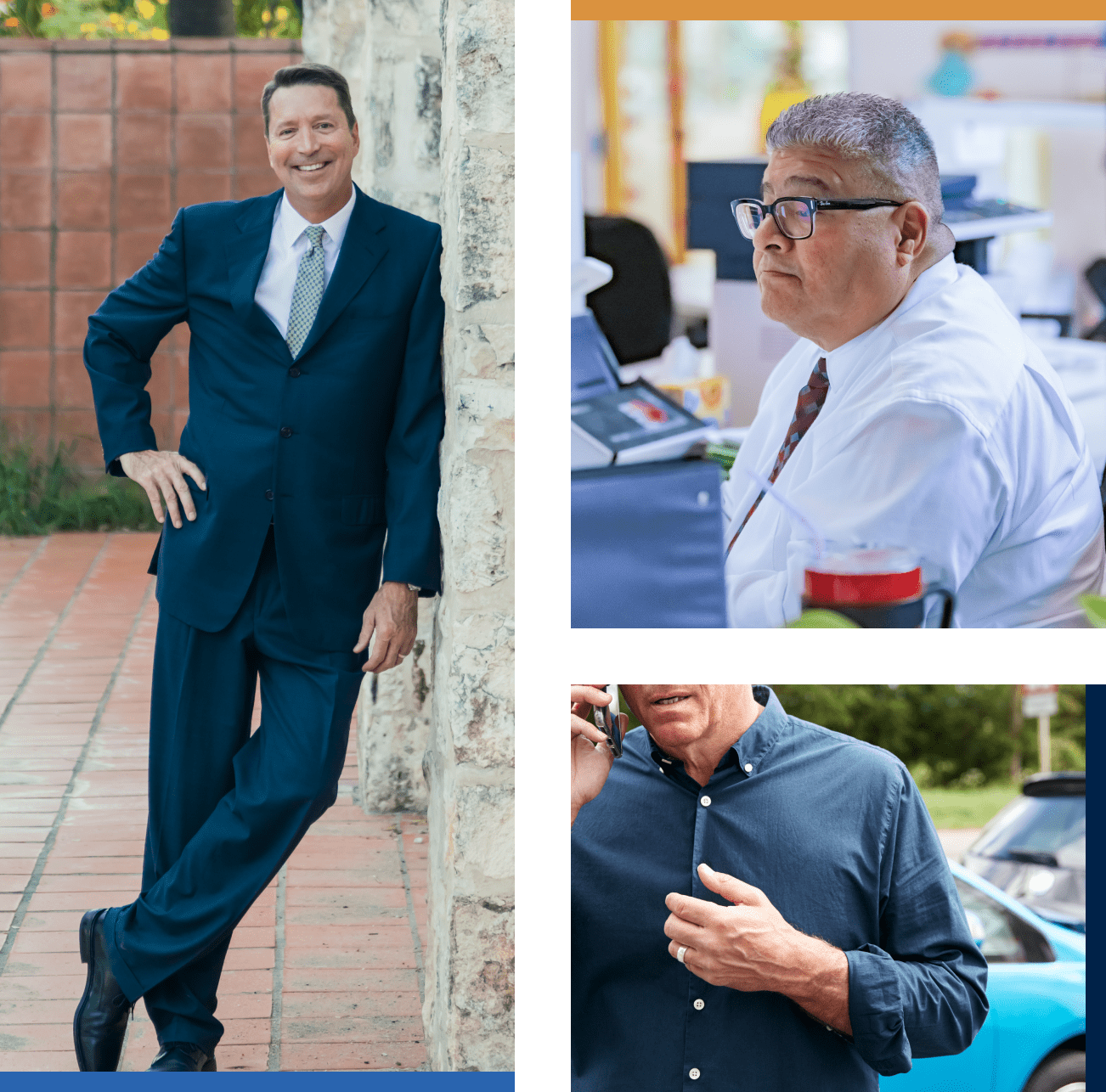 Collage: smiling businessman, focused office worker, man on phone outdoors.