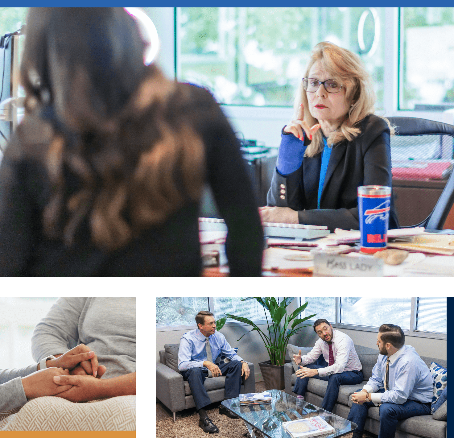 Collage: serious office meeting, hand comfort, casual office chat.