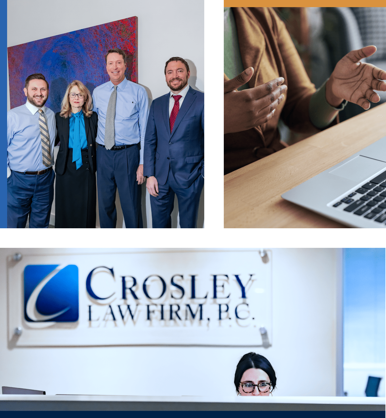 Collage: team portrait, gesturing in meeting, law firm sign.