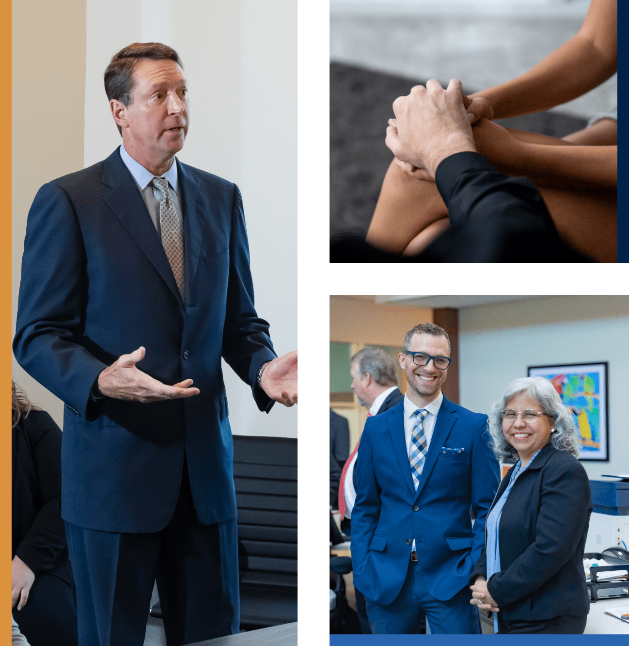 Collage: engaging speaker, team unity gesture, law firm staff portrait.