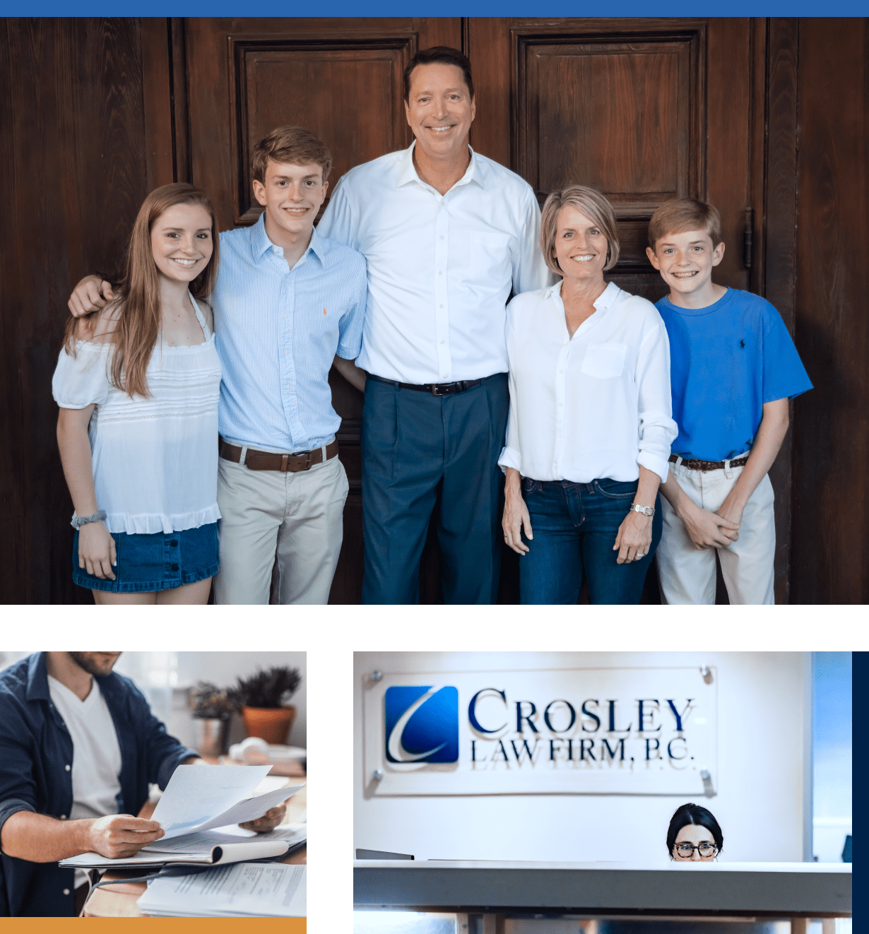 Collage: family portrait, focused document review, law firm reception.