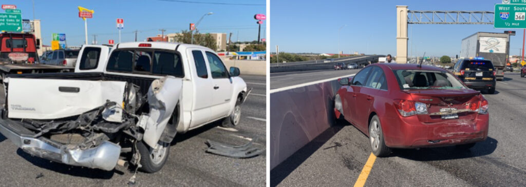 Images of two cars crashed on the highway -- a white pickup truck with severe damage to the bed, and a red car that slammed into a concrete divider.