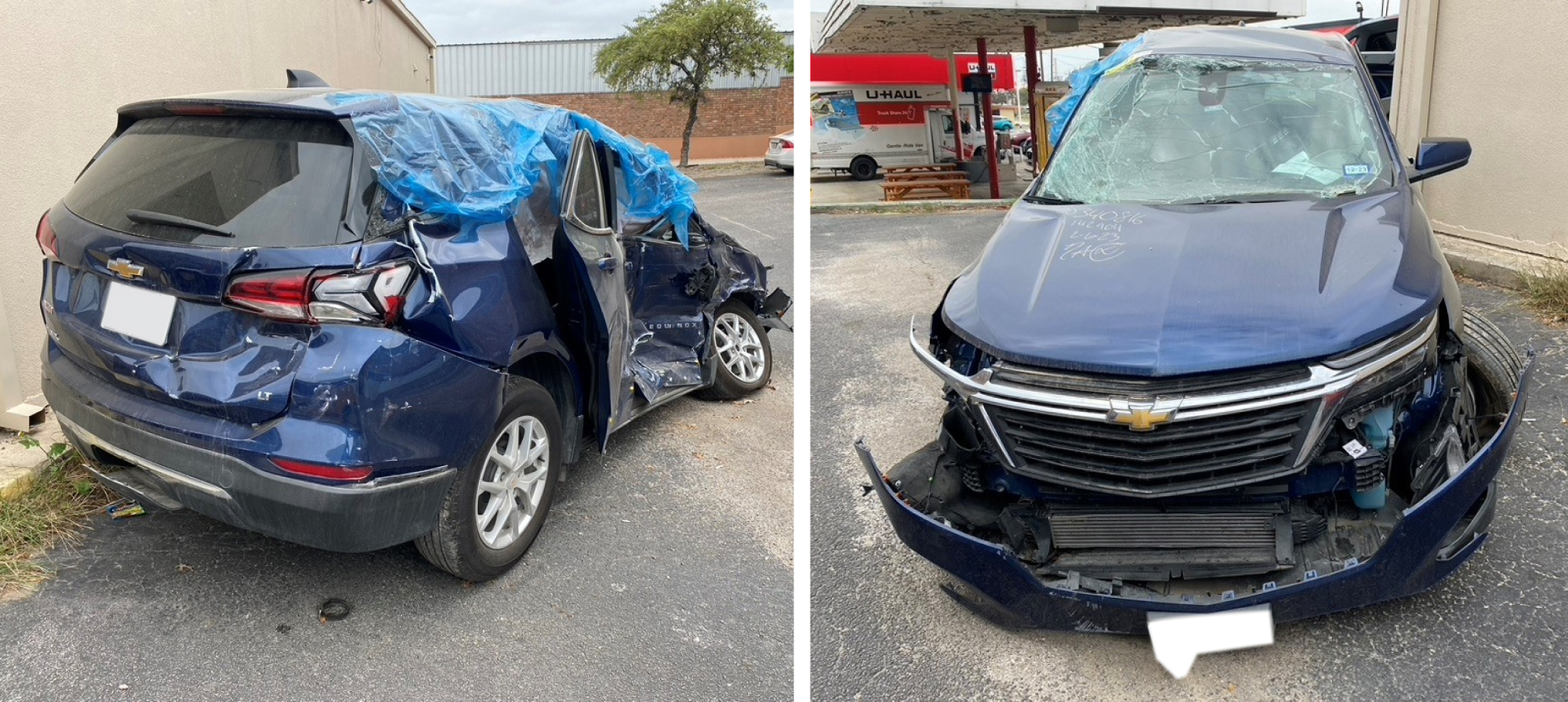 two views of a car with front damage and significant side damage after a car crash
