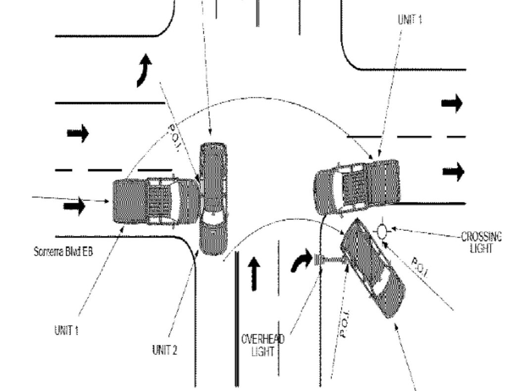 drawn diagram of an intersection accident where a driver ran a red light