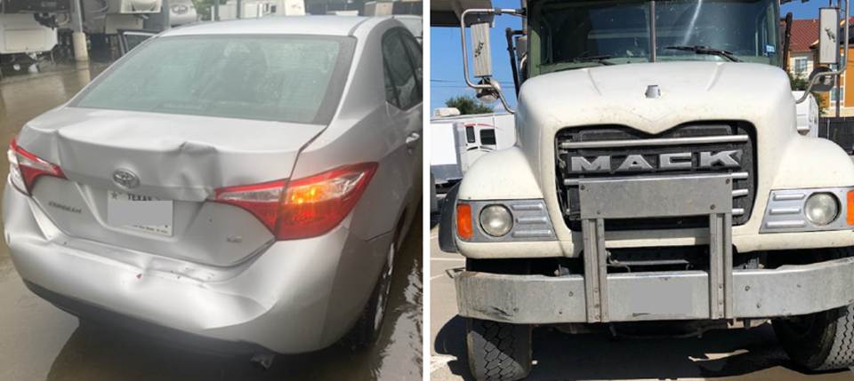the rear view of a damage Toyota car and the front view of a Mack truck that were involved in a truck crash