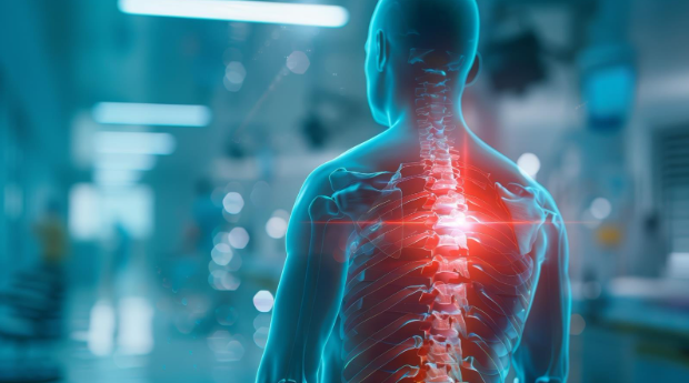 Digital medical illustration of a human spine glowing with red light, highlighting spinal pain or injury, set against the blurred background of a hospital corridor.