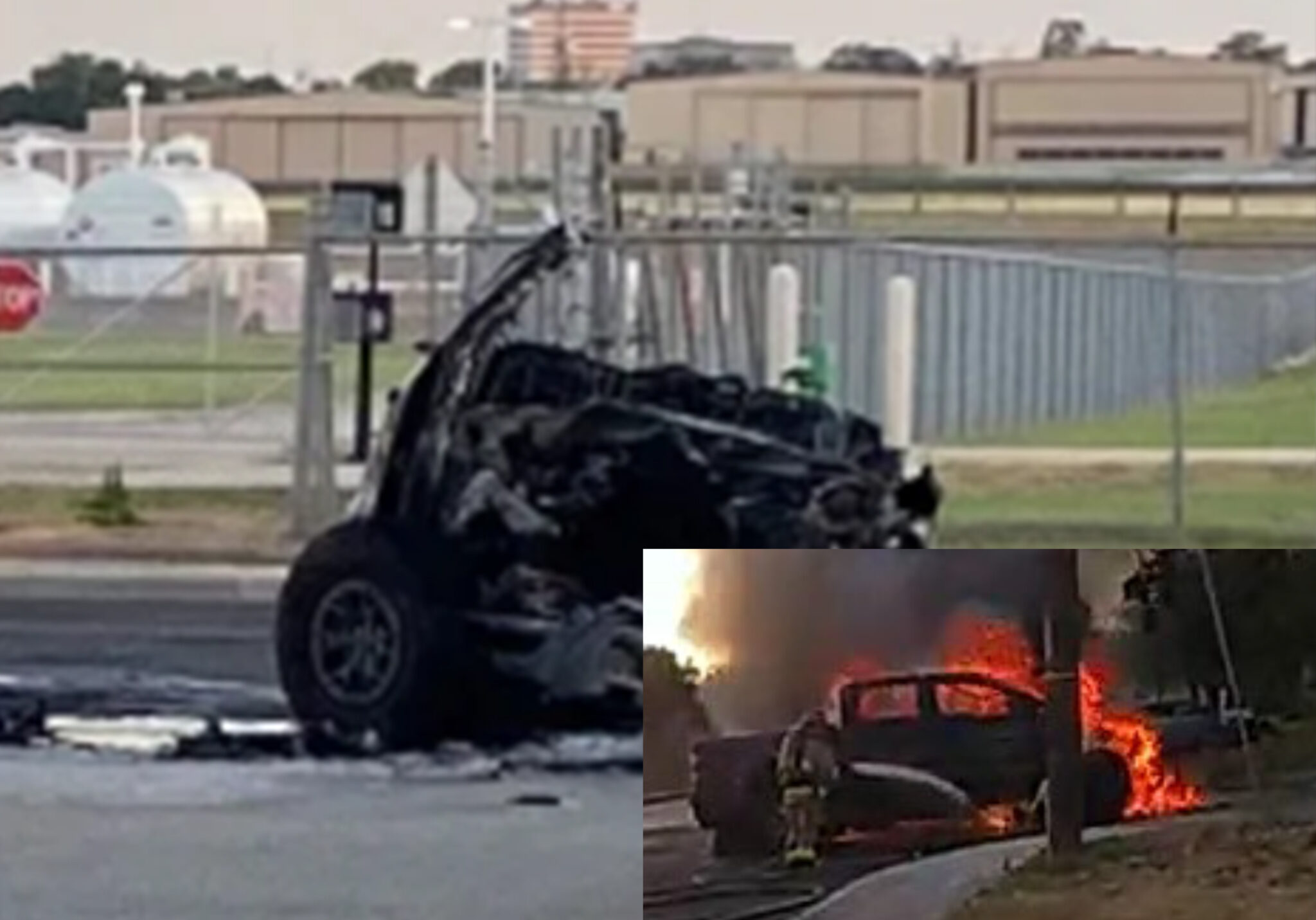 Burned-out and fire-damaged vehicle at an industrial site, with emergency responders extinguishing flames in an inset image, showing the aftermath of a severe car fire or crash.