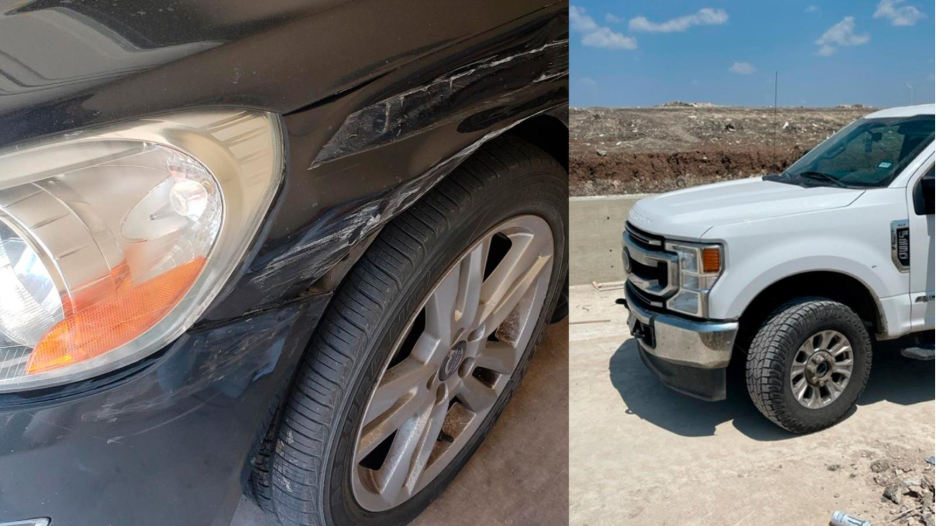 A split image shows vehicle damage comparison: on the left, a dark-colored car with scraped and dented paint around the front wheel and headlight; on the right, a white pickup truck parked roadside with no visible damage to its front end.