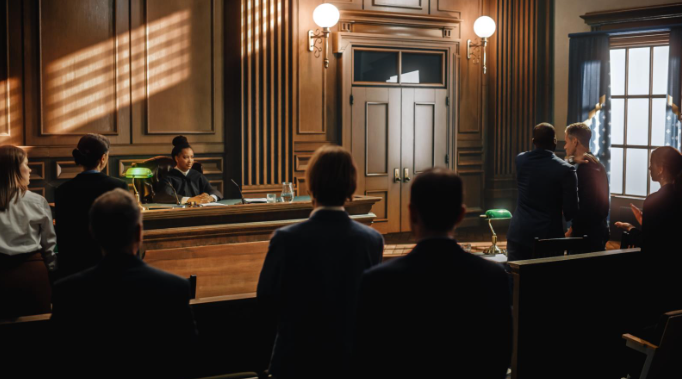 A courtroom with a judge seated at the bench while several people stand and watch; two men appear to be in a confrontation near the front of the room.
