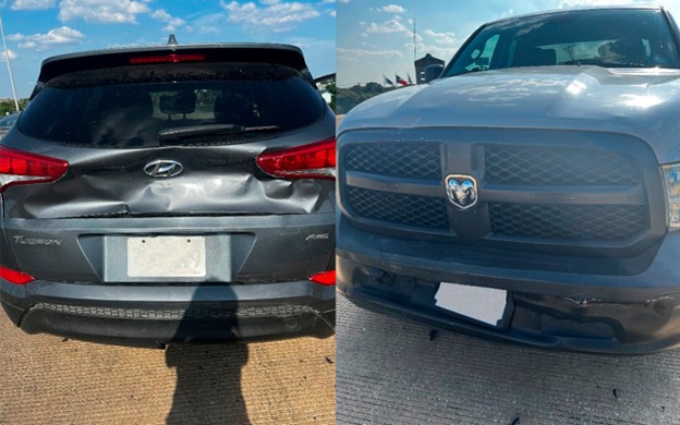 Side-by-side images of two damaged vehicles—rear-end damage on a Hyundai and front-end damage on a pickup truck—indicating a car accident and potential collision claim.