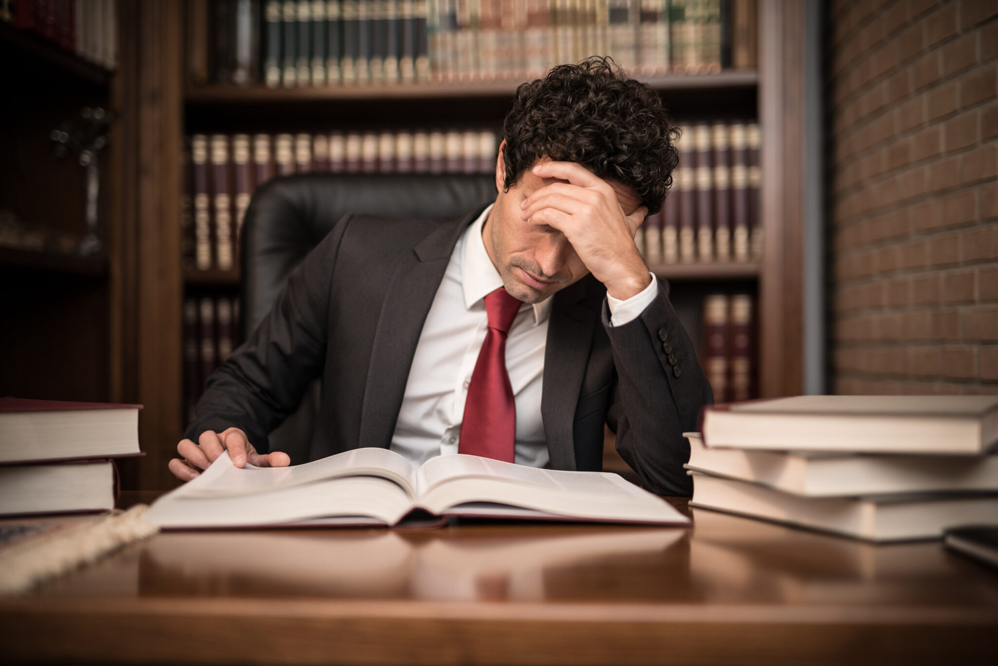 Attorney reviewing legal books and documents at desk, representing thorough case preparation