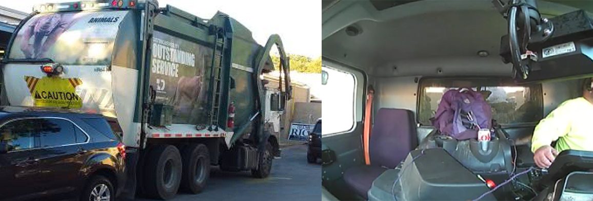 Garbage truck backed up behind an SUV in a school drop-off lane, beside the truck’s in-cab camera view of the driver
